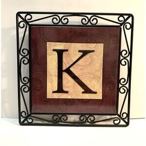 Wall Hanging Letter K Decorative Tile Wrought Iron Scroll Style Frame New View